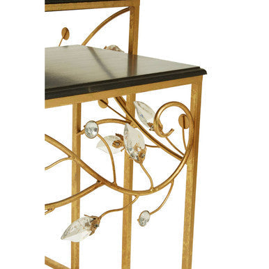 Yaxi set of 2 gold-toned metal side tables with black glass top and decorative crystal leaf accents