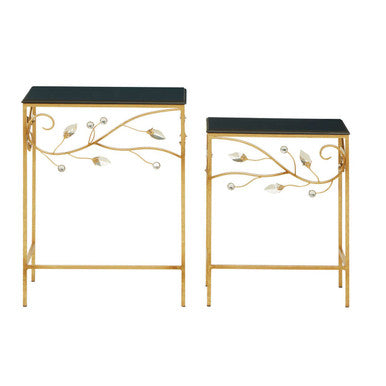 Yaxi set of 2 gold-toned metal console tables with black marble tops and delicate vine and berry details