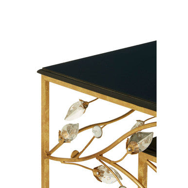 Gold-toned metal console table with sleek black glass top and decorative leaf motifs from yaxi set of 2 tables
