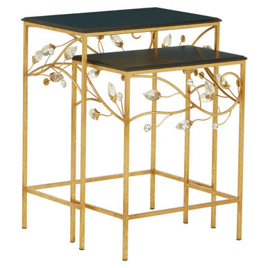 Yaxi set of 2 gold-toned nesting tables with black marble tops and decorative leaf motifs with clear crystal accents