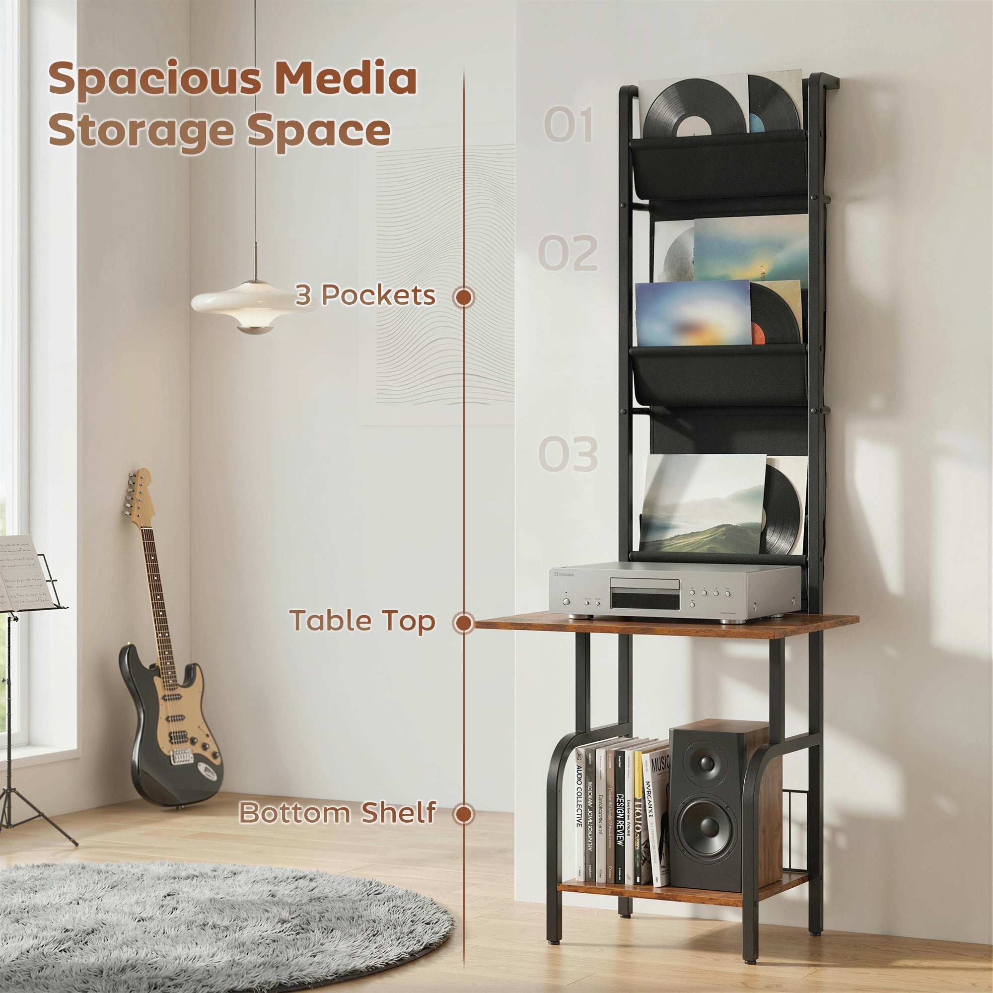 HOMCOM Vinyl Record Player Stand Record Storage with Player Stand Oxford Fabric Pockets Bottom Shelf Rustic Brown and Black