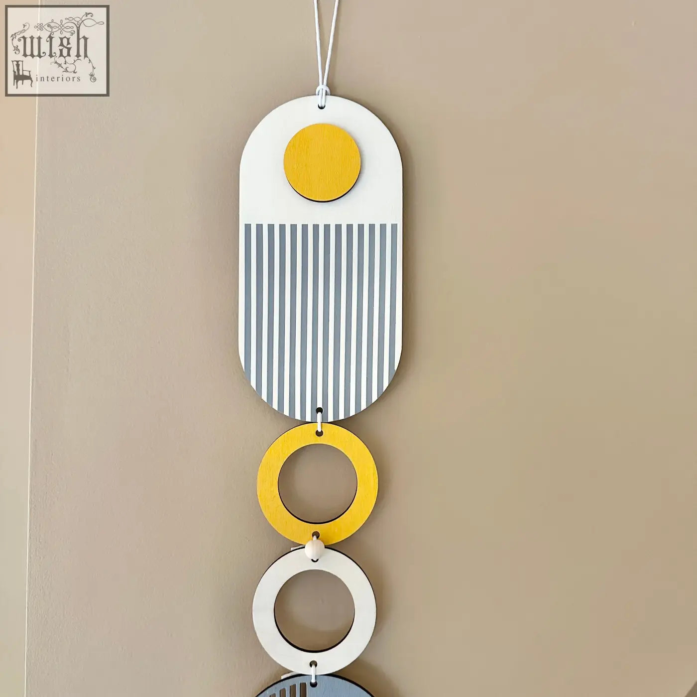 Modern geometric wall hanging with ochre yellow circle and gray stripes perfect minimalist wall art decor