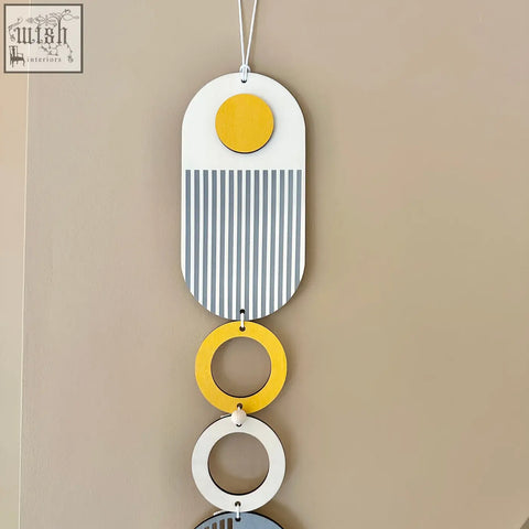 Modern geometric wall hanging with ochre yellow circle and gray stripes perfect minimalist wall art decor