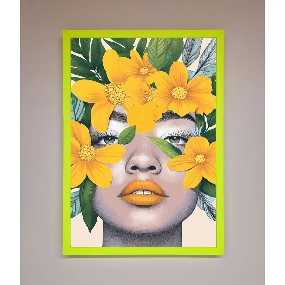 Yellow Flowers Head Framed Poster - B0 (100 x 141 cm) / Neon Green - Framed Print