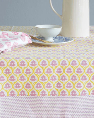 Yellow Floral Block Print Cotton Tablecloth