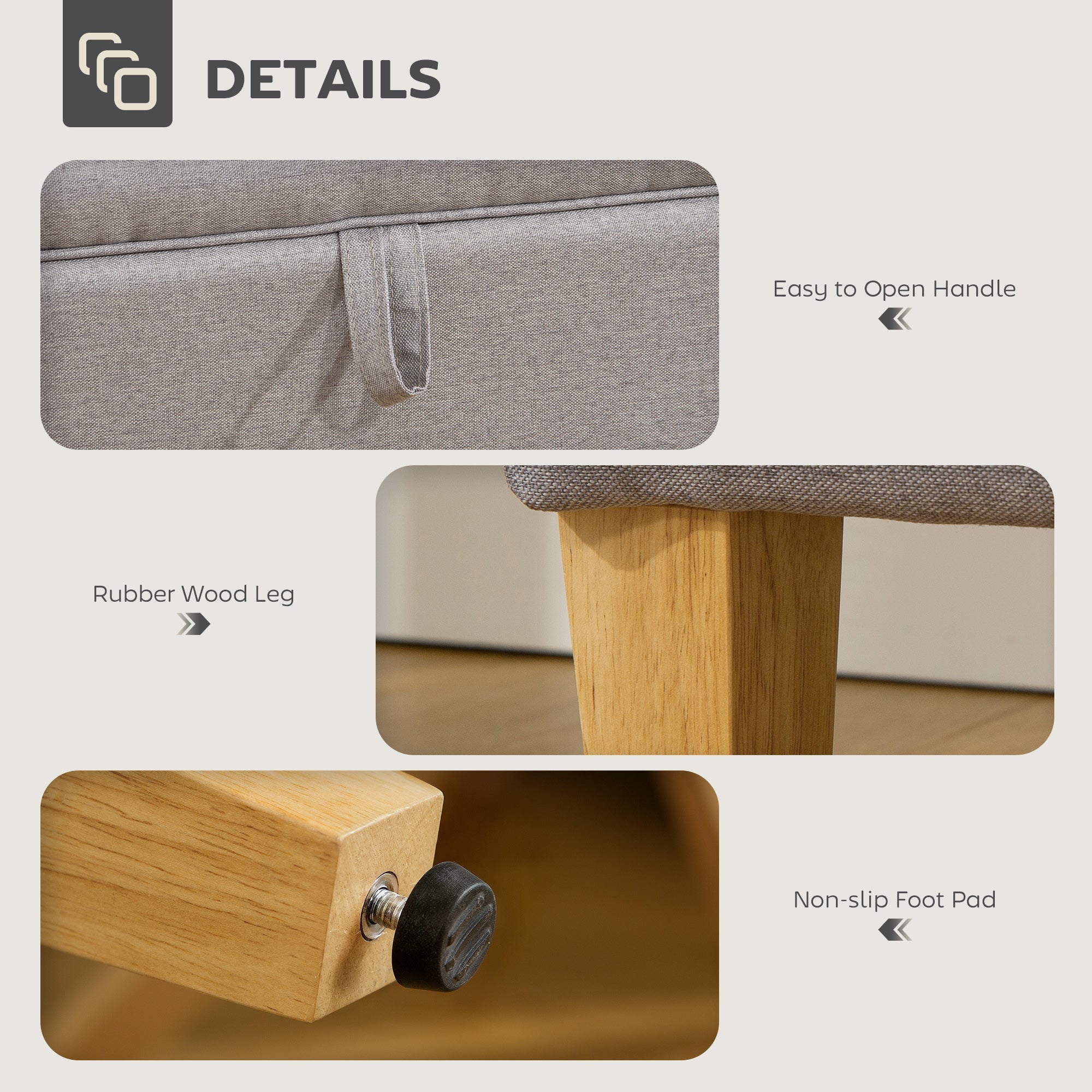 HOMCOM 30L Linen Storage Ottoman Padded Footstool with Rubberwood Legs for Storage Box, Bed End, Shoe Bench, Seating, Light Grey