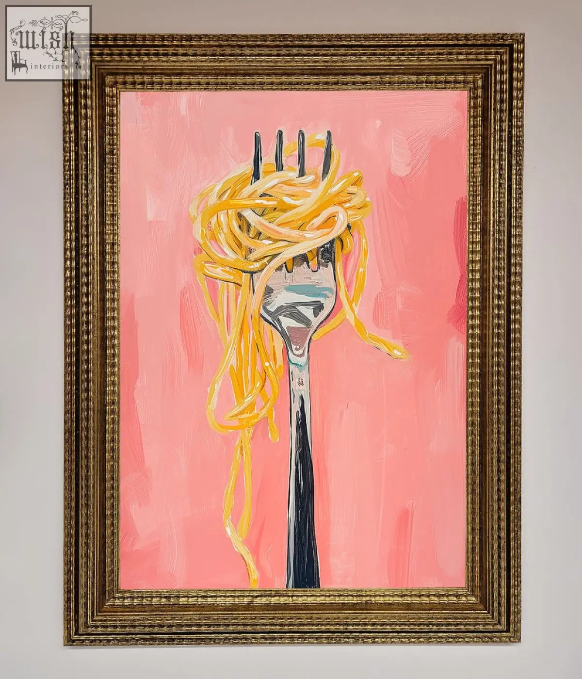A vibrant spaghetti framed print with golden yellow spaghetti twined on a fork in a gold ornate frame with pink background