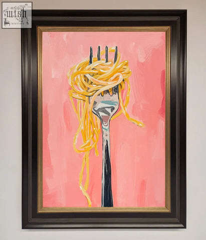 A vibrant spaghetti framed print with a silver fork holding golden spaghetti in a black and gold frame