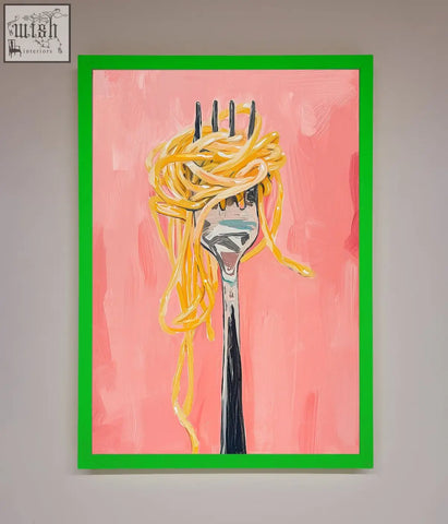 A vibrant spaghetti framed print showing a silver fork with golden spaghetti on a pink background with a bold green frame