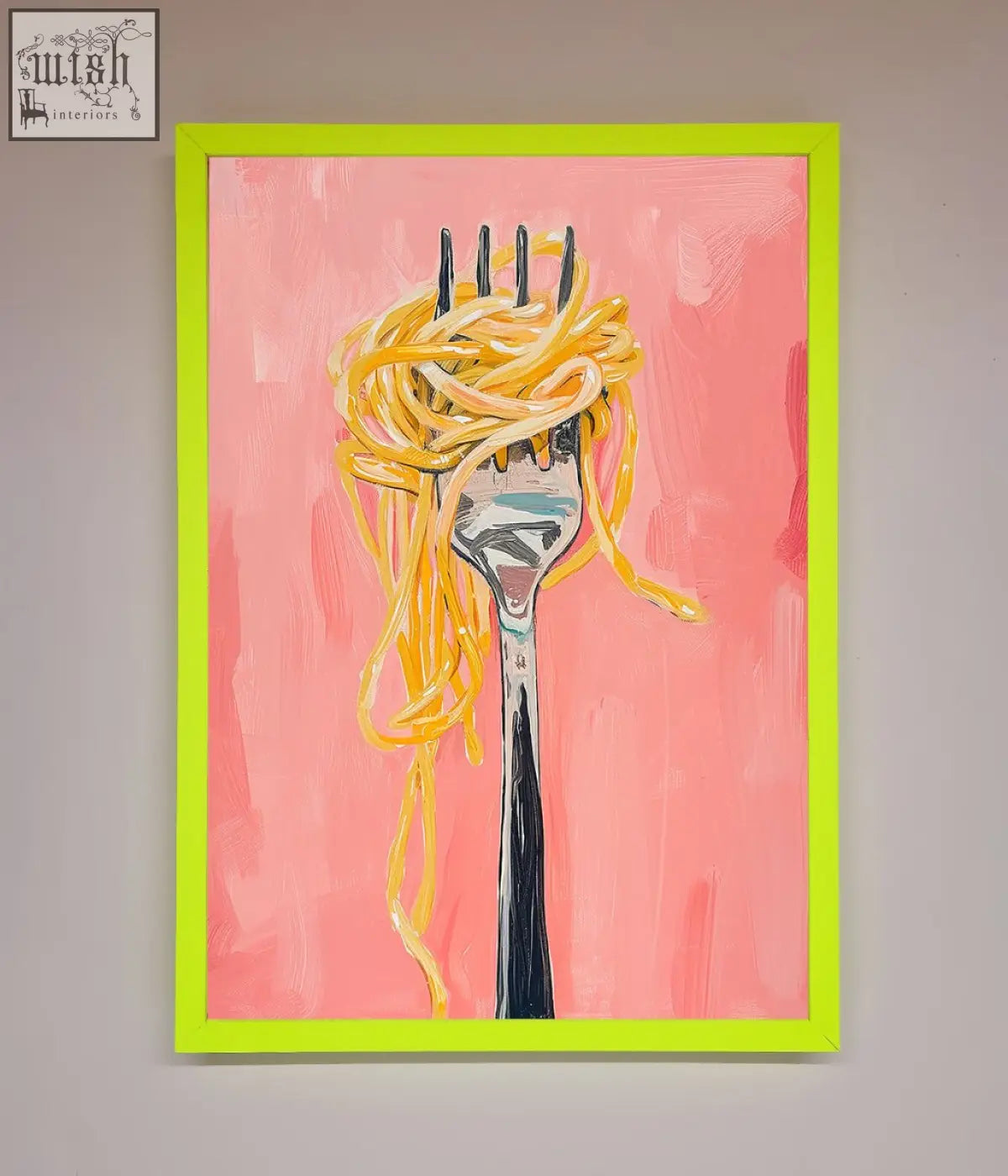 A vibrant spaghetti framed print with a silver fork holding golden spaghetti on pink background and neon green frame