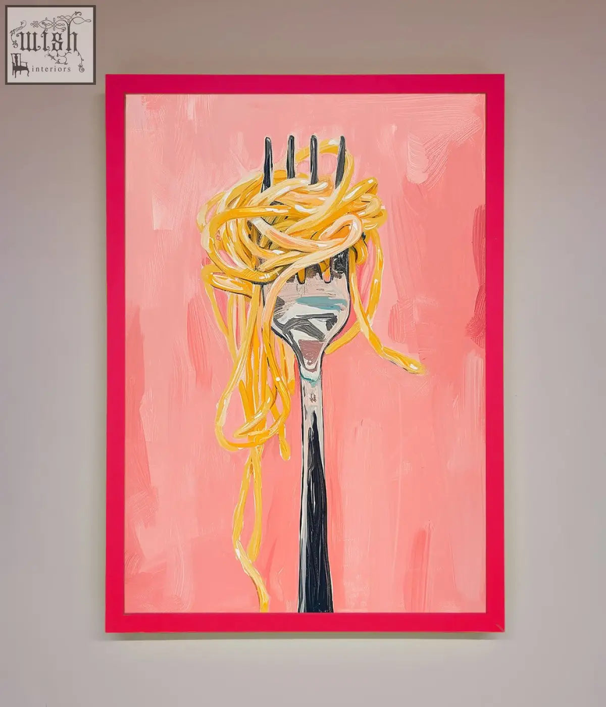 A vibrant spaghetti framed print showing a silver fork with golden spaghetti on a pink background in a bold red frame