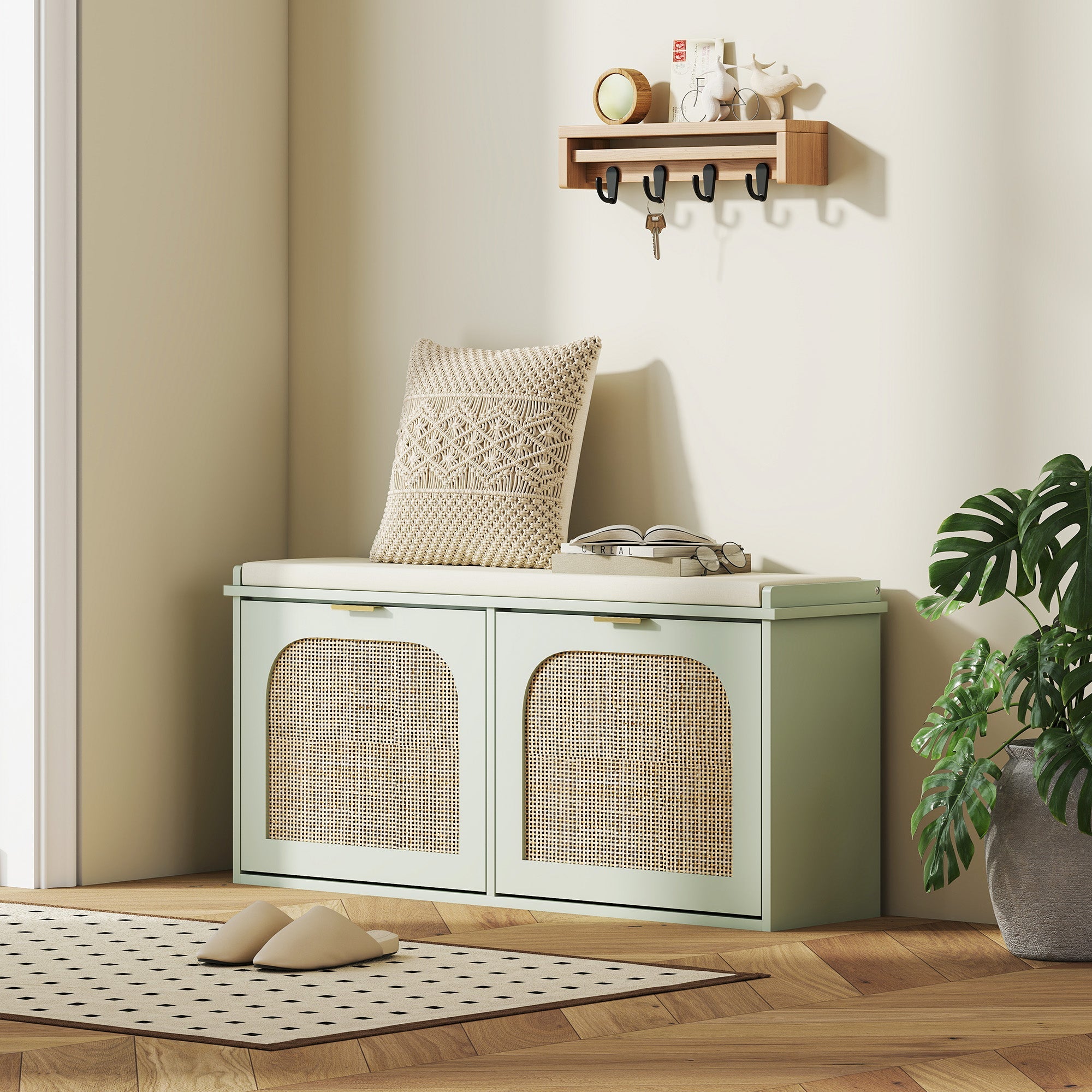 HOMCOM Boho Shoe Bench with Padded Seat and 2 Flip-Drawers - Light Green