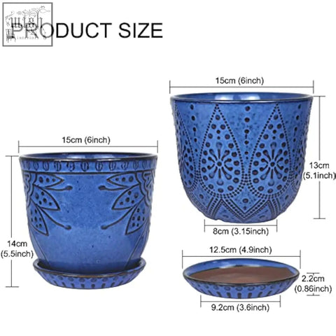 Blue beaded ceramic planter with intricate patterns and drain holes featuring matching saucer for indoor outdoor plants
