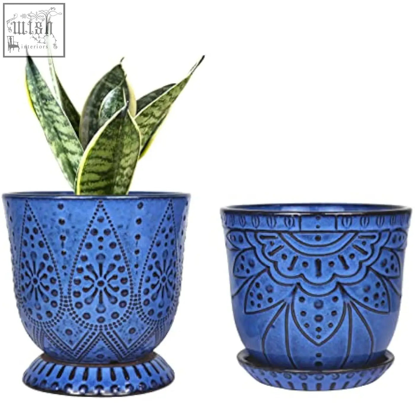 Blue beaded ceramic planters with embossed patterns and drain holes featuring a standing snake plant in one pot