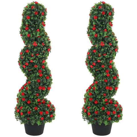 HOMCOM Artificial Rose Spiral Topiary Tree Set of 2, Indoor Outdoor Fake Plants with 630 Leaves, 90cm