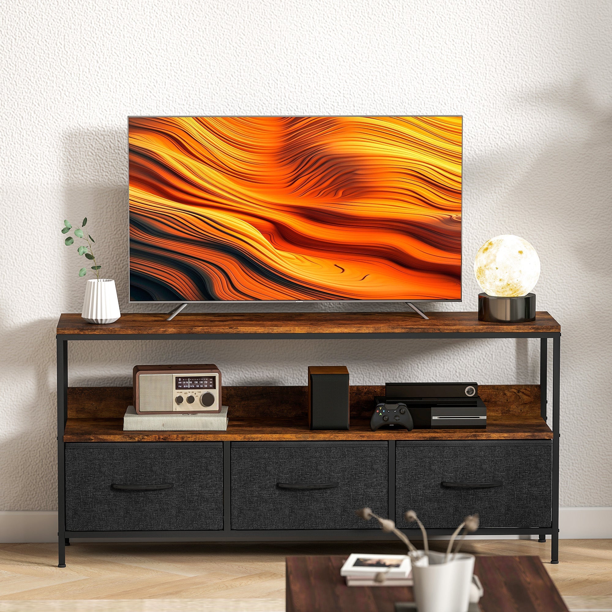 HOMCOM TV Stand Cabinet with 3 Foldable Drawers - Rustic Brown