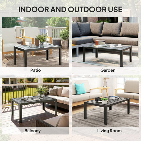 Outsunny Outdoor Side Table, Rectangular Patio Coffee Side Table with Steel Frame and Slat Tabletop for Garden, Balcony, Grey