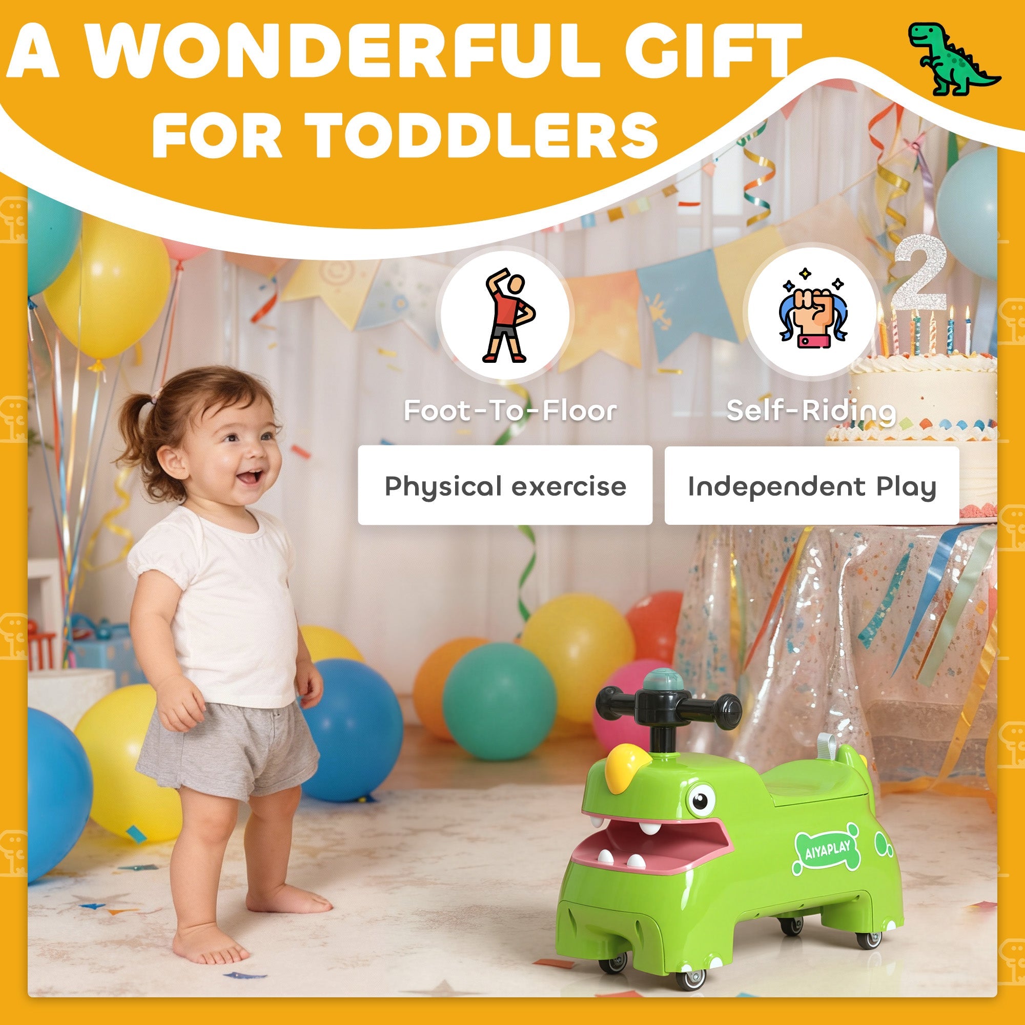 AIYAPLAY Kids Ride On Car, Dinosaur Foot to Floor Slider with Storage, Toddler Walker with Light, Sounds, Green