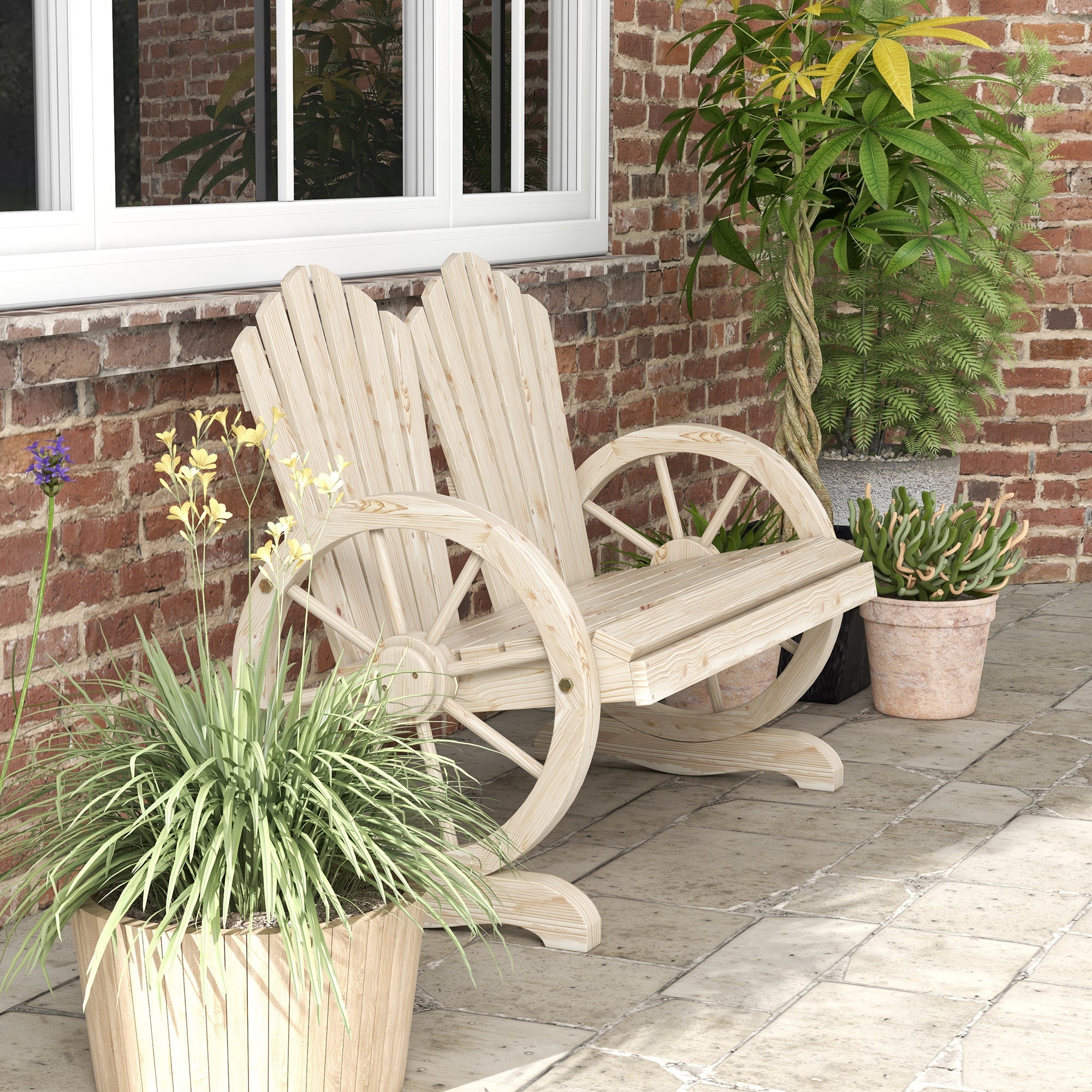 Outsunny Fir Wood Love Seats with Wheel-Shaped Armrests, Large Load-Bearing Chair, Natural Wood Finish