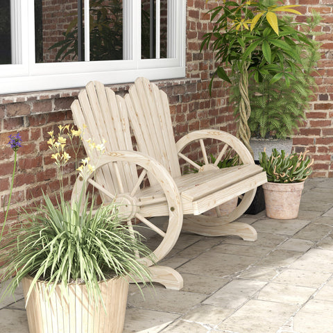 Outsunny Fir Wood Love Seats with Wheel-Shaped Armrests, Large Load-Bearing Chair, Natural Wood Finish