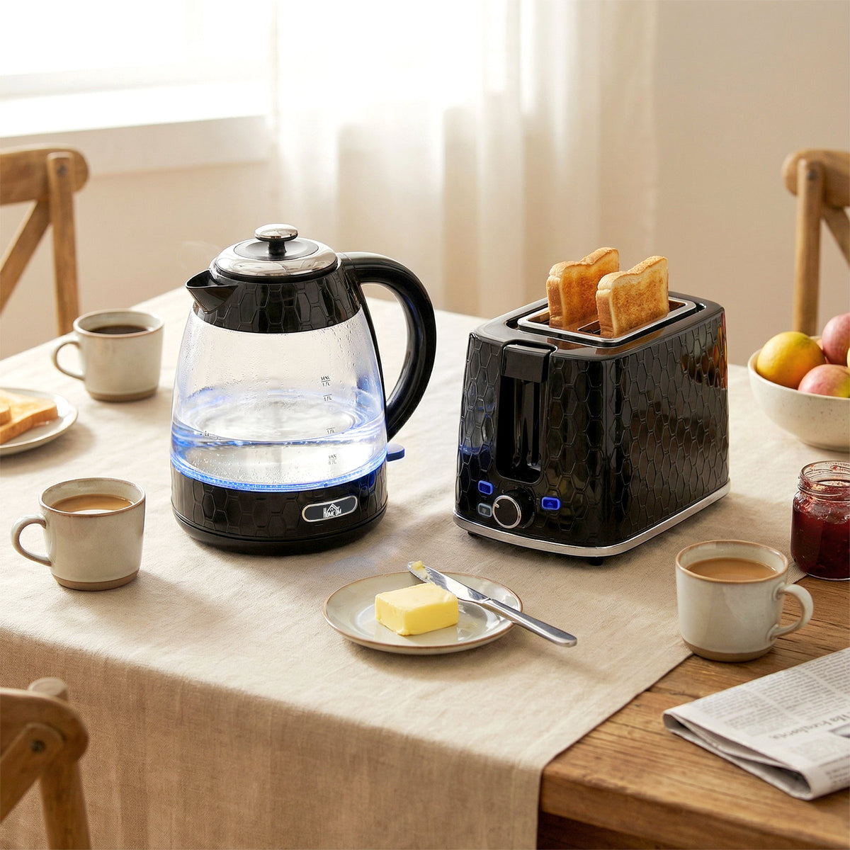 HOMCOM Kettle and Toaster Set, 1.7L 3000W Rapid Kettle with Limescale Filter, 2 Slice Toaster with 7 Browning Controls, Black
