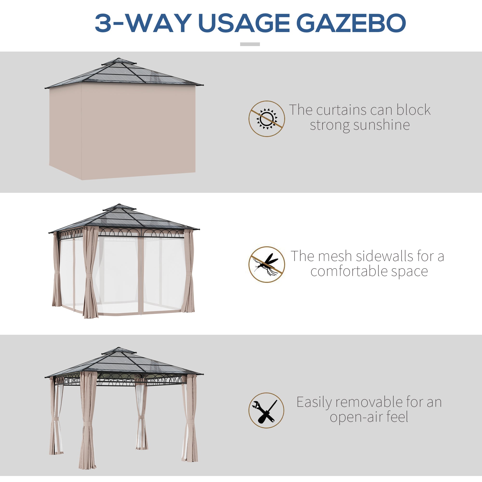 Outsunny 3 x 3 (m) Outdoor Polycarbonate Gazebo, Double\'c2\'a0Roof Hard Top Gazebo with\'c2\'a0Galvanised Steel Frame, Nettings\'c2\'a0&\'c2\'a0Curtains for Garden, Lawn, Patio and Deck, Khaki