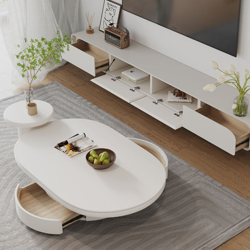 Yoho coffee table set cream with white oval top and light wood drawers for stylish living room storage