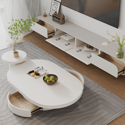 Yoho coffee table set cream with white oval top and light wood drawers for stylish living room storage