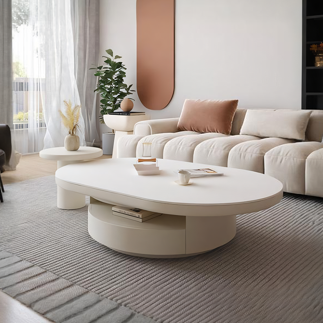 Modern oval yoho coffee table set with sleek white top cream base and lower shelf for storage