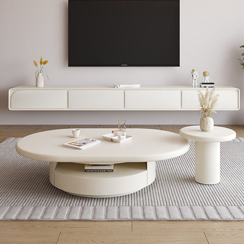 Modern white oval yoho coffee table with sleek minimalist design and integrated storage shelf in cream finish