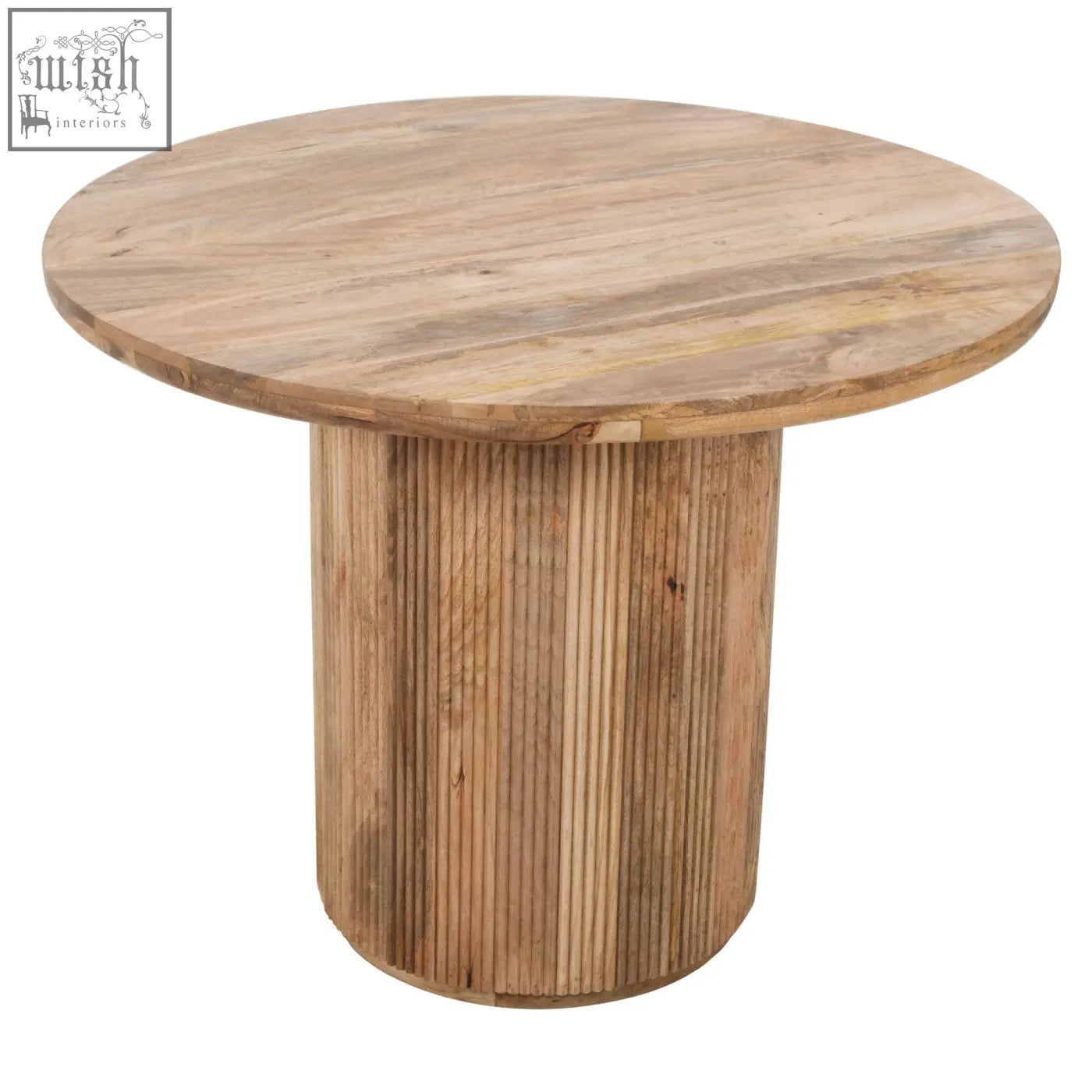 Round wooden dining table with natural solid wood light brown finish and vertical fluted legs york natural solid wood