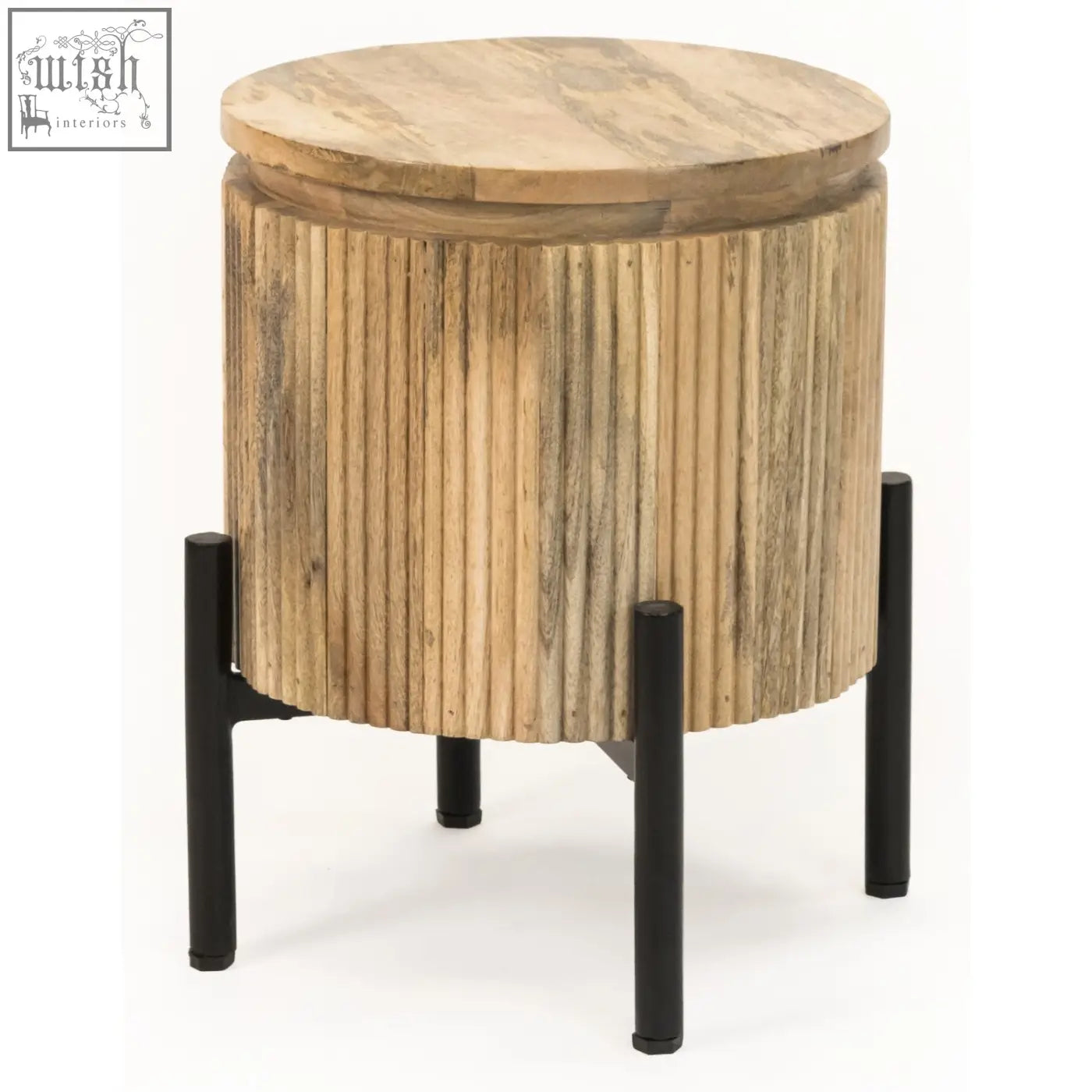 Rustic york solid wood bedside table with natural wood top, vertical ribbed body, and black metal legs