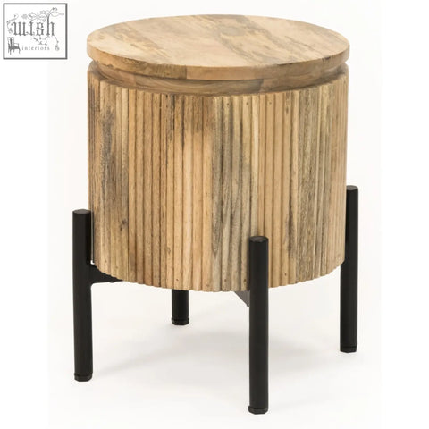 Rustic york solid wood bedside table with natural wood top, vertical ribbed body, and black metal legs