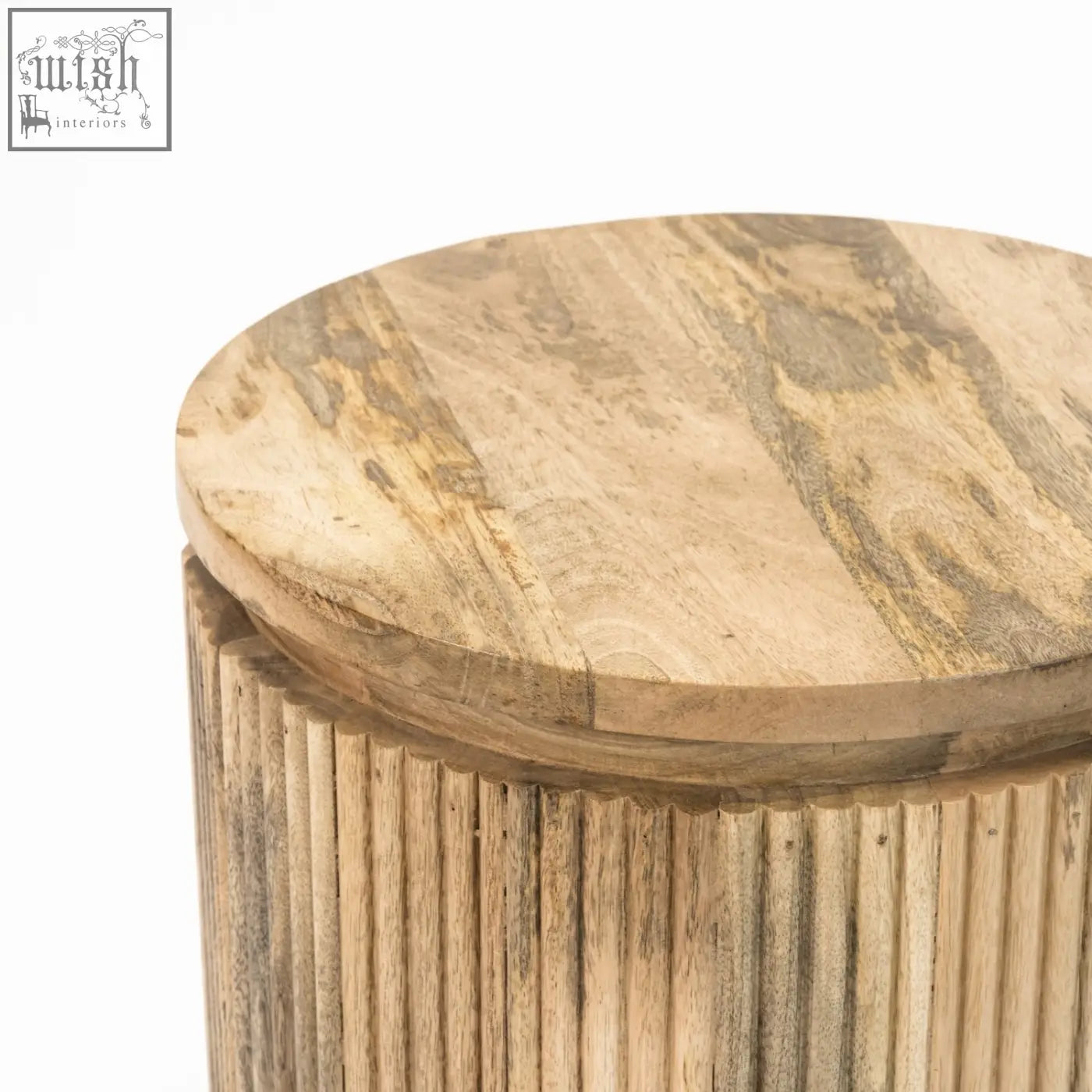 York solid wood bedside table with round light wood top and ribbed cylindrical base with metal legs