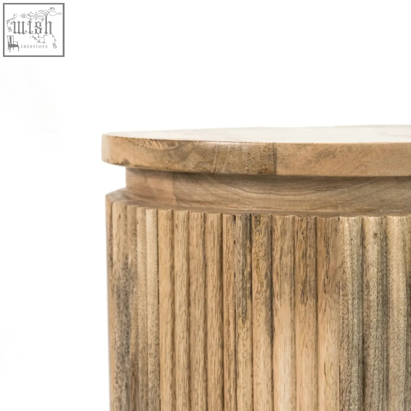 Rustic light brown york solid wood bedside table with fluted design and metal legs with smooth rounded top