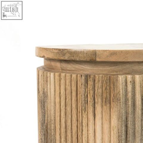 Rustic light brown york solid wood bedside table with fluted design and metal legs with smooth rounded top