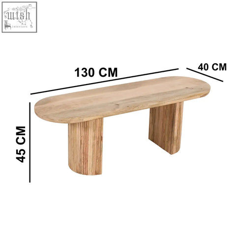 York solid wooden dining bench made of light natural solid mango wood with vertical slat legs measuring 130 cm