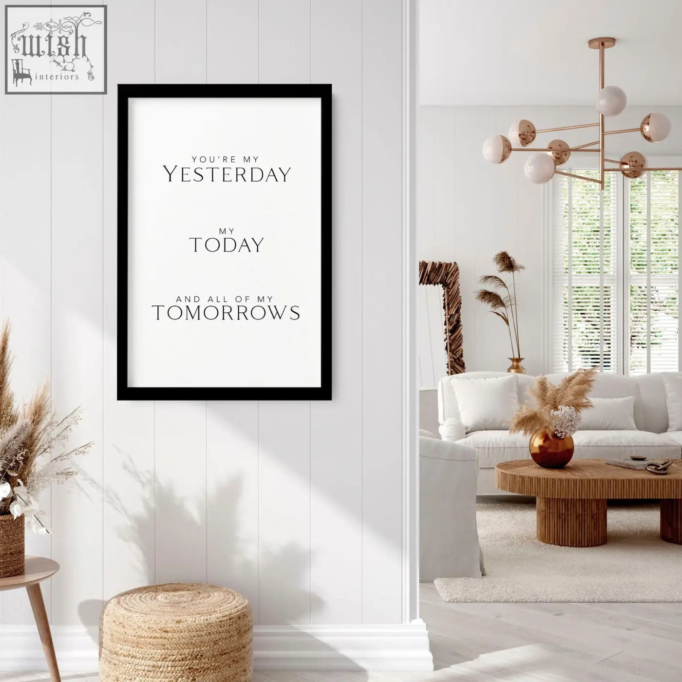 Black-framed wall art print with minimalist serif typography on white background saying you will forever be my always