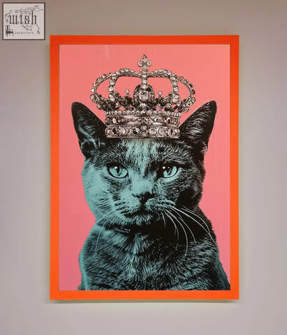 Your majesty cat framed print of a black cat with teal eyes and silver crown in a bold orange and pink cat framed print
