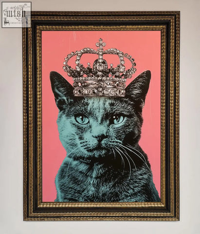 Your majesty cat framed print shows a black cat with teal eyes wearing a silver crown on a vibrant pink background