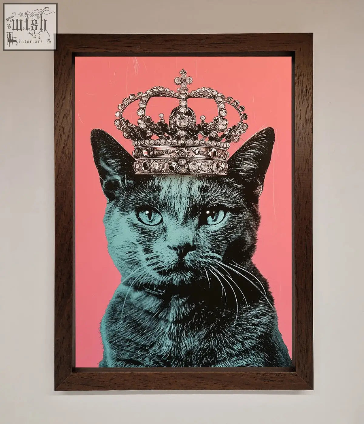 Your majesty cat framed print featuring a black cat with teal eyes and silver crown on vibrant pink background