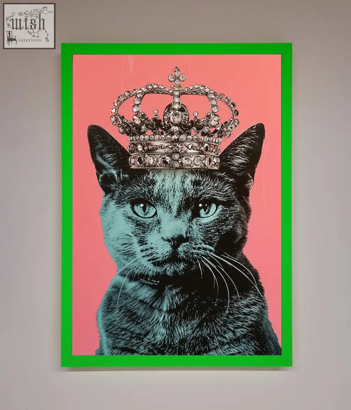Your majesty cat framed print featuring a black cat with teal eyes and silver crown in a vibrant green frame is a stylish cat framed print