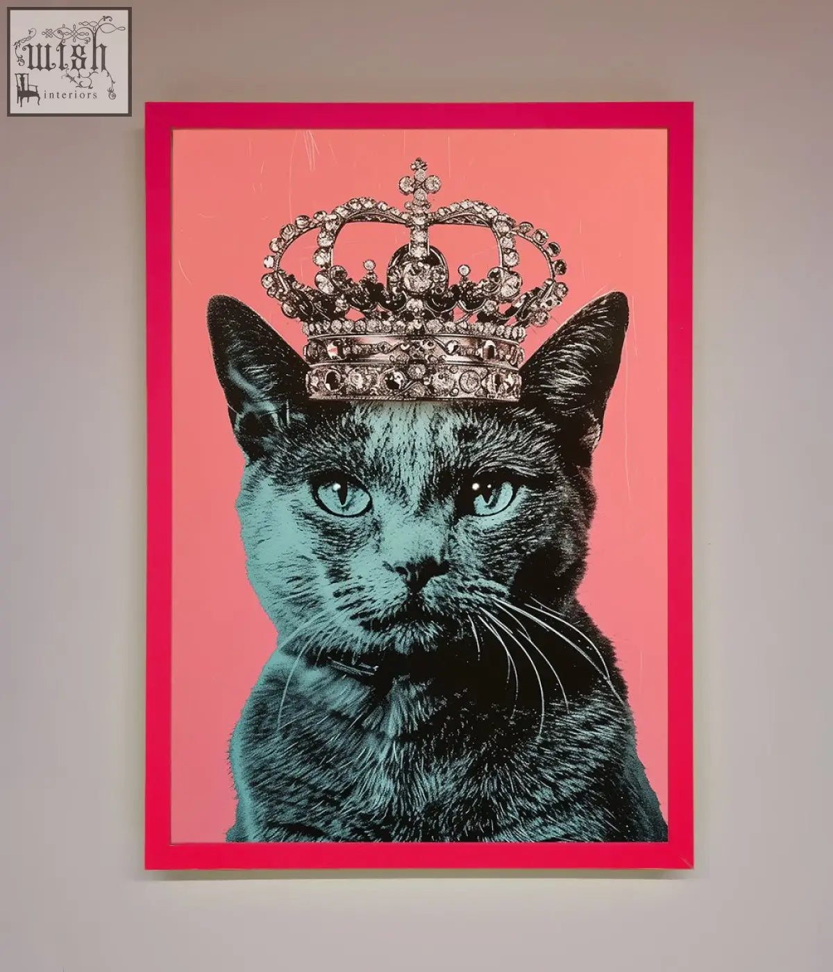 Your majesty cat framed print featuring a black cat with teal eyes and jeweled silver crown on pink background
