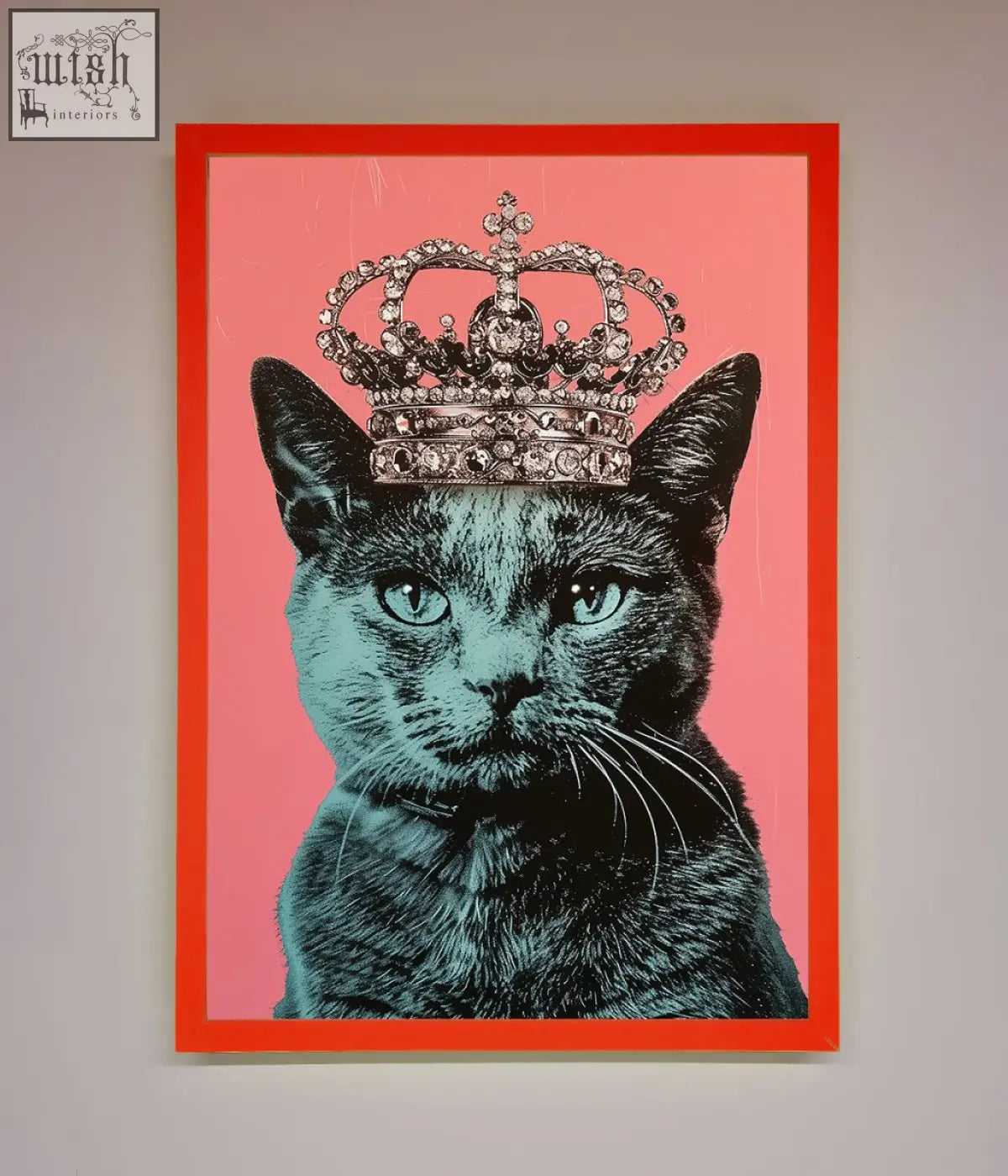 A majesty cat framed print showing a black cat with teal eyes and a jeweled silver crown on a vibrant pink background