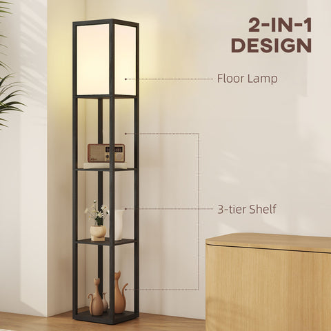 HOMCOM Floor Lamp with Shelves, 3 Layer Column Modern Standing Lamp for Living Room, Bedroom, Office, Bulb not Included, Black