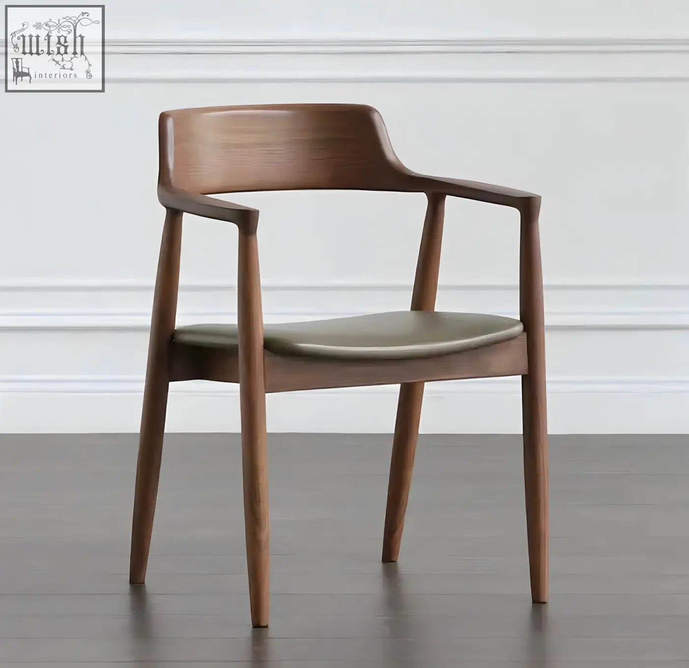 A sleek yubi chair with a rich brown pine wood frame and smooth olive green leather seat for stylish comfort