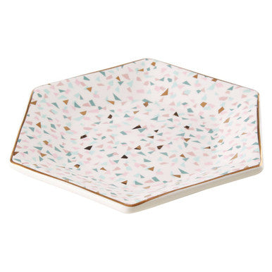 Hexagonal ceramic trinket dish featuring yuki terrazzo pattern with pastel pink mint green and gold triangles