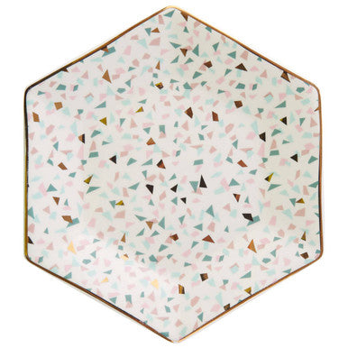 Hexagonal ceramic trinket dish with yuki terrazzo pattern and gold-trimmed edges choose orsina style