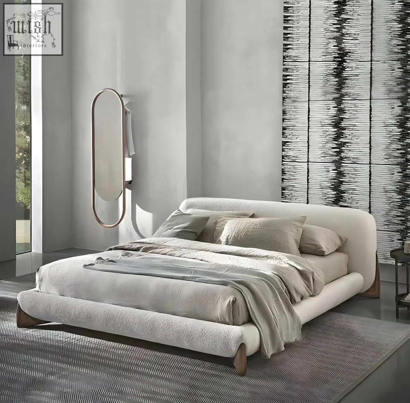 Modern yukina bed with a sculptural frame wrapped in soft off-white fabric and wooden legs for stylish comfort
