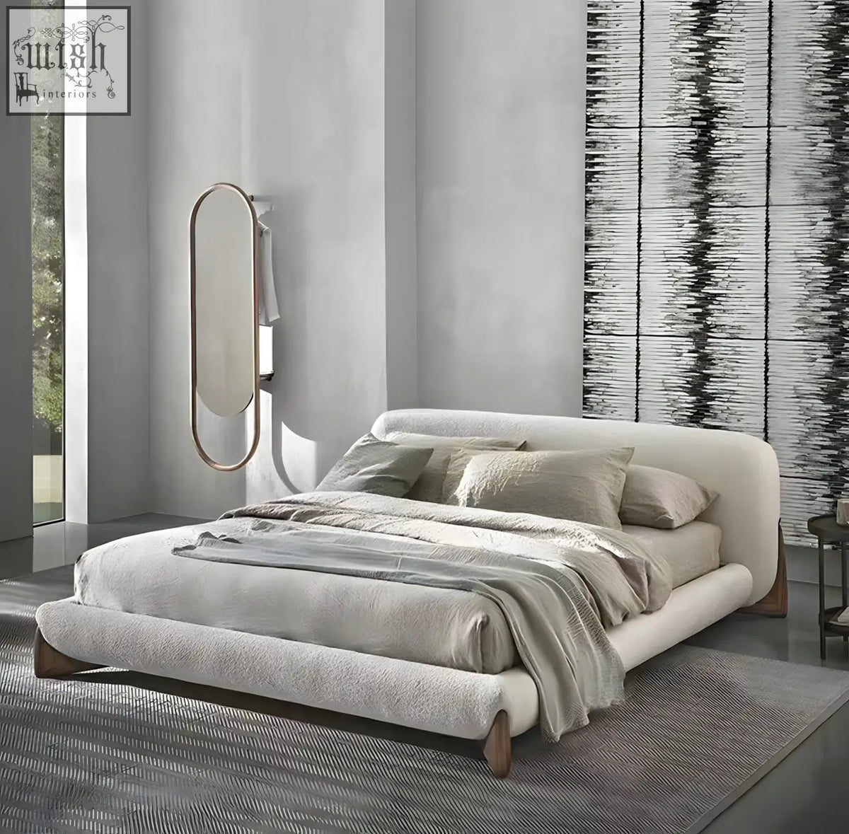 Modern yukina bed with a sculptural frame wrapped in soft off-white fabric and wooden legs for stylish comfort